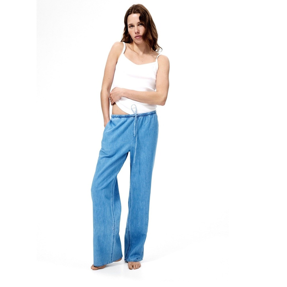 H&M Pants Denim Drawstring Medium Blue Loose Fit High Waist Wide Leg